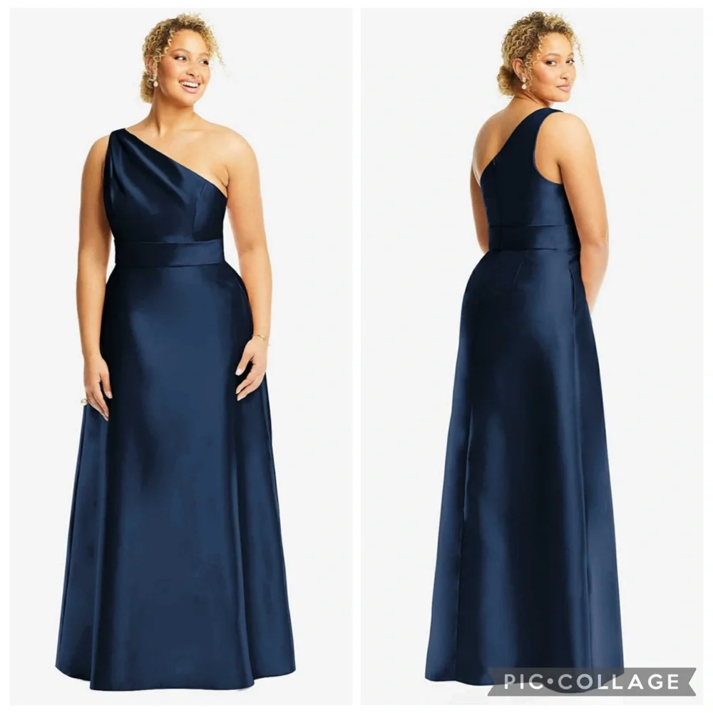 Alfred Sung D815S One Shoulder Satin Twill Gown Midnight‎ Navy 12 - Picture 2 of 9